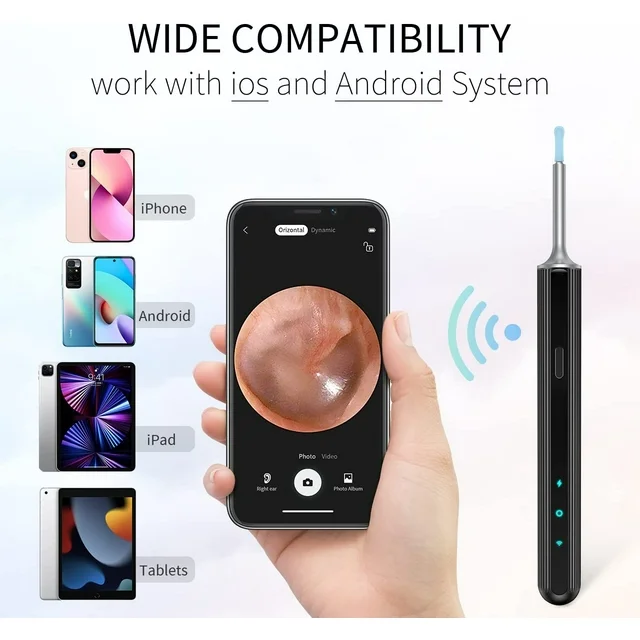 Features:
✅ 1080P HD Camera & 360° Wide Angle: This wireless ear camera has 360° wide-angle professional grade lens,creates a large coverage view to help you remove the earwax much easier. The ear endoscope has anti-Fog & anti-dust technology can provide superior clear image with 1080P full HD.
✅ IP67 Level Waterproof & USB Rechargeable Design: Our Juyafio ear wax removal camera comes with built-in 350mAH rechargeable battery, which can last for 90mins continuous working time or 60-day standby time.IP67 waterproof otoscope, ear spoon, and lens can be washed with water or wiped with alcohol cotton after use, please do not put the whole otoscope in water.
✅ 3.5mm len & 6 LED lights & 6-axis gyro technology: This len of this ear cleaner otoscope with light is 3.5mm, and 6 LED lights can help you light up the canal and see the dark place clearly. The convenient for daily inspection of ear, nose, mouth, throat and other health conditions. You can take care of your family's or friend's health, even your pets.
✅ Wide Compatiblity & Easy to Use: This ear cleaning kit with camera can work well with all of android and ios devices. And also, you can use it in your tablet. Scan the QR Code to download the App and connect the wifi of the ear scope, one button to start use.

✅ Specifications:
Color: Black
Lens Diameter: 3.5mm
Battery: 350mAh
Working Time: About 90 minutes
Standby Time: About 60 days
Waterproof Level: IP67(Only the lens!)
Compatible with Android & iOS & tablet devices.

✅ Package Included:
1*Ear scoop storage box
1*ear wax removal tool
5* Traditional ear scoop
5 *Silicone earplug cover
1 *charging cable
1 *cleaning brush
1*Detachable ear spoon
1*Instruction Manual.

✅ Using Tips:
1. Scan the QR code to download the app.
2. Long press the power key to open the device.
3. Open the "Suear" app, find "Suear-xxxx", connect and start to use.
4. Return to the app again and check the house icon toenter the device, and you can see the shot screen.