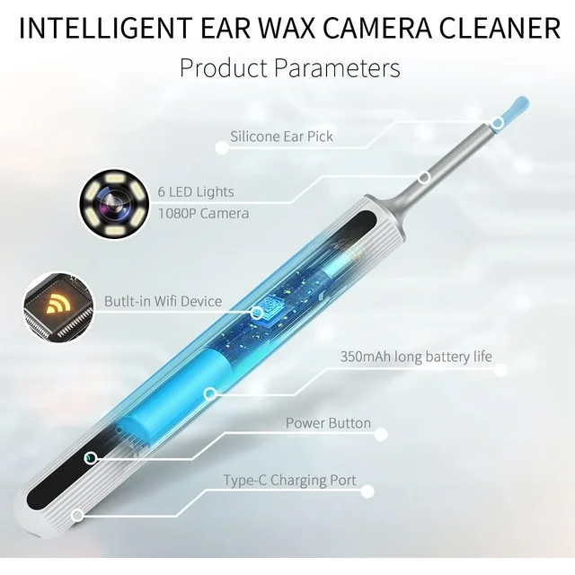 Features:
✅ 1080P HD Camera & 360° Wide Angle: This wireless ear camera has 360° wide-angle professional grade lens,creates a large coverage view to help you remove the earwax much easier. The ear endoscope has anti-Fog & anti-dust technology can provide superior clear image with 1080P full HD.
✅ IP67 Level Waterproof & USB Rechargeable Design: Our Juyafio ear wax removal camera comes with built-in 350mAH rechargeable battery, which can last for 90mins continuous working time or 60-day standby time.IP67 waterproof otoscope, ear spoon, and lens can be washed with water or wiped with alcohol cotton after use, please do not put the whole otoscope in water.
✅ 3.5mm len & 6 LED lights & 6-axis gyro technology: This len of this ear cleaner otoscope with light is 3.5mm, and 6 LED lights can help you light up the canal and see the dark place clearly. The convenient for daily inspection of ear, nose, mouth, throat and other health conditions. You can take care of your family's or friend's health, even your pets.
✅ Wide Compatiblity & Easy to Use: This ear cleaning kit with camera can work well with all of android and ios devices. And also, you can use it in your tablet. Scan the QR Code to download the App and connect the wifi of the ear scope, one button to start use.

✅ Specifications:
Color: Black
Lens Diameter: 3.5mm
Battery: 350mAh
Working Time: About 90 minutes
Standby Time: About 60 days
Waterproof Level: IP67(Only the lens!)
Compatible with Android & iOS & tablet devices.

✅ Package Included:
1*Ear scoop storage box
1*ear wax removal tool
5* Traditional ear scoop
5 *Silicone earplug cover
1 *charging cable
1 *cleaning brush
1*Detachable ear spoon
1*Instruction Manual.

✅ Using Tips:
1. Scan the QR code to download the app.
2. Long press the power key to open the device.
3. Open the "Suear" app, find "Suear-xxxx", connect and start to use.
4. Return to the app again and check the house icon toenter the device, and you can see the shot screen.