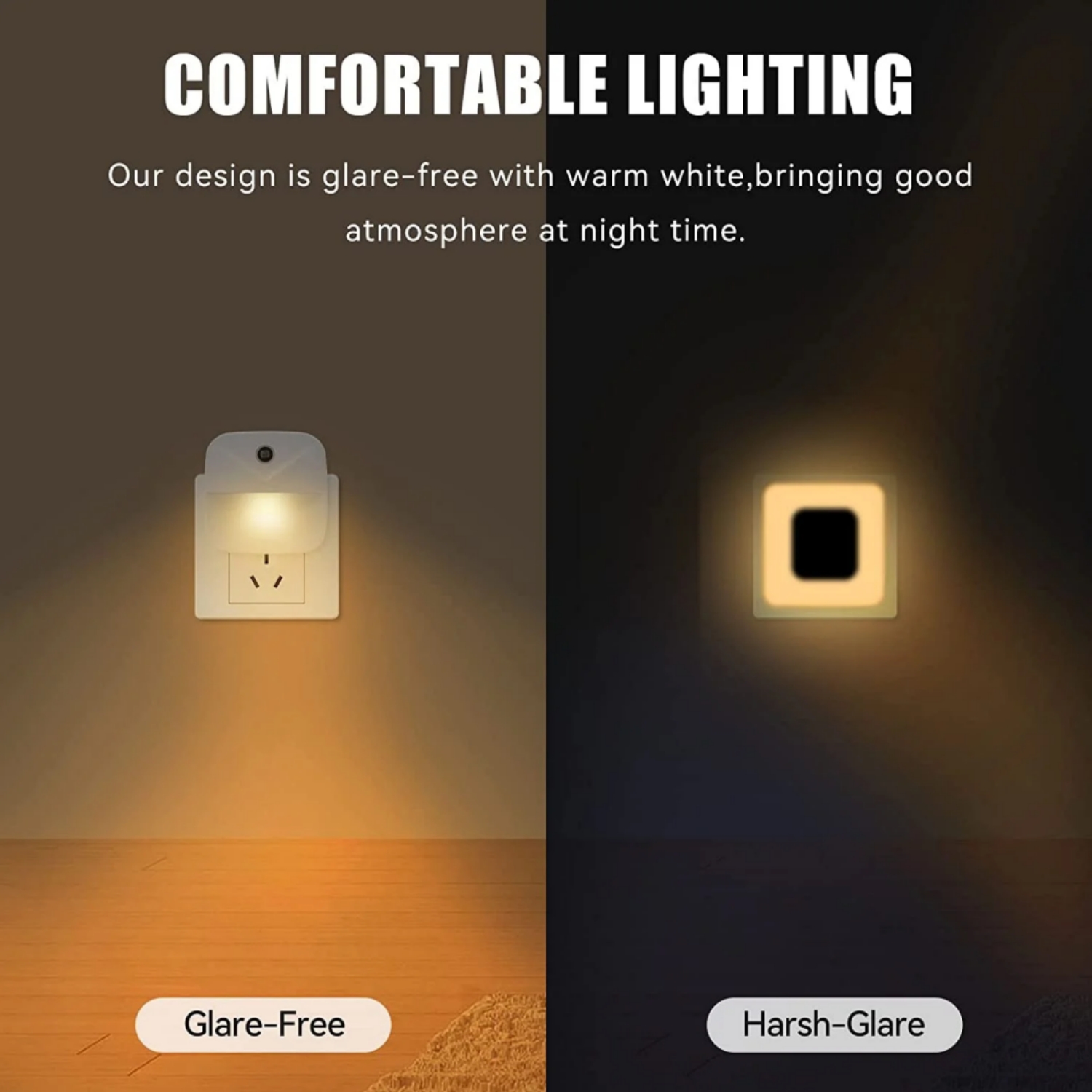 The Juyafio LED night light gives off the right amount of light at night, illuminate all the obstacles in dark that could create a safety hazard. Perfect for bathroom trips and hallways in the middle of night, you will never walk around blindly in the dark,not harsh on your eyes and not having to turn the head lights on at night and bothers others; ideal for kids' room, hallway, bedroom, nursery, staircase and more.Unique Acrylic material, clean and square design, makes the night light very subtle, nice and flat against the wall, do not stick out or clash with the decor. Also Smart Light gives the house a cool modern feel, bright at night and very chic in the daytime.

Specifications:
Plug Type:US Plug
Type: Warm Light
Material: ABS
colour: White
size: ‎1.8"D x 1.8"W x 1.8"H
Input Voltage: 120VAC 60HZ
Wattage: Max 0.5W
Color Temperature: 9000K
Lifespan: 30000 Hours

Packing List:
4 x LED Night Light