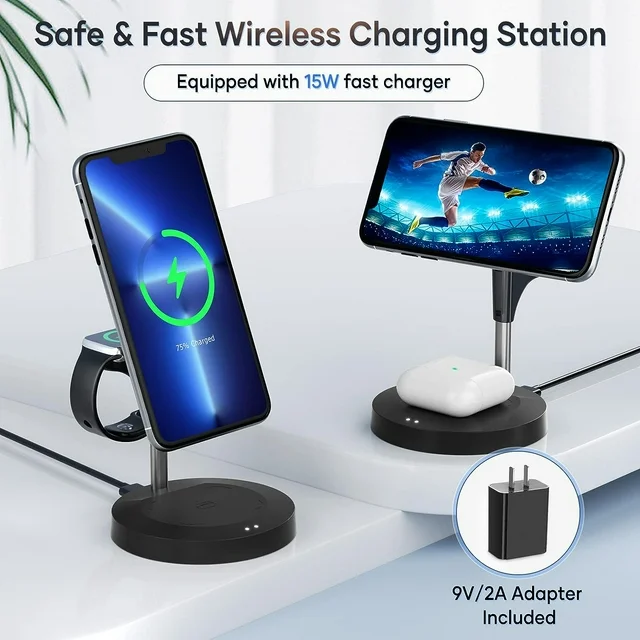 3 in 1 Wireless Charging Station (2023 Newest), Fast Mag-Safe Charger Stand with QC2.0 3.0 Adapter Compatible with iPhone 14,13,12 Pro Max/Pro/Mini/Plus, Watch Ultra/8/7/SE/6/5/4/3/2/1 (Black)



1. Compatible Case Types: For Magnetic Case, Not for Normal Case without magnetic function or thickness over 3mm

2. Compatible Phone Models:

Compatible with iPhone 14, iPhone 14 Pro, iPhone 14 Pro Max, iPhone 14 Plus

Compatible with iPhone 13, iPhone 13 Pro, iPhone 13 Pro Max, iPhone 13 mini

Compatible with iPhone 12, iPhone 12 Pro, iPhone 12 Pro Max, iPhone 12 mini

3. Compatible Smart Watch Models:

Compatible with Apple Watch Ultra/8/7/SE/6/5/4/3/2/1

4. Compatible TWS Bluetooth Earbuds Models:

For AirPods2(Wireless charging version), AirPods3, AirPods Pro

For Galaxy Buds, Buds+

For Soundcore Liberty Air 2 Pro, Liberty 2 Pro

For Sony WF-1000XM4