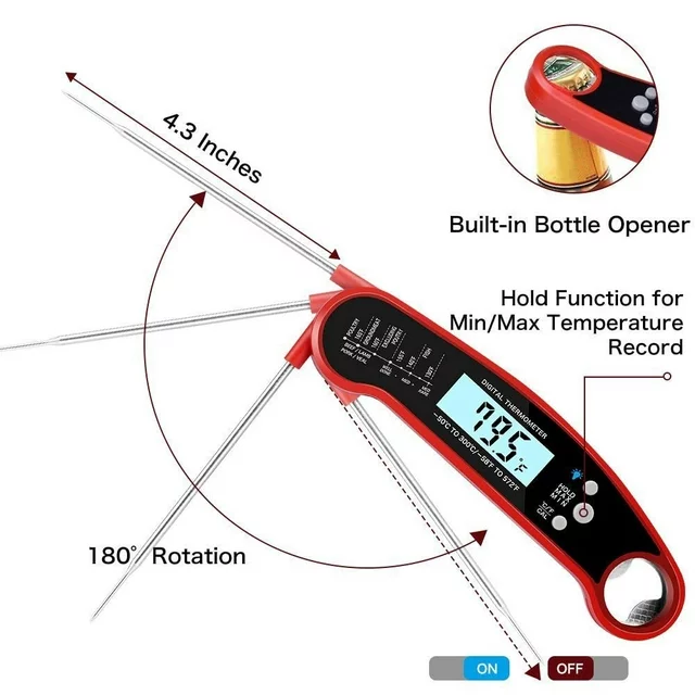 wireless thermometer for grill - meat thermometer digital, instant read thermometer for cooking, BBQ, Kitchen - Fast Digital Food Thermometer

Kitchen Thermapen Thermometer - Try our digital cooking thermometer kitchen tool with many uses including a frying thermometer baking thermometer grill thermometer digital probe liquid thermometer and more.

Digital Instant Read Grill Thermometer- Accurate Reading & Ultra Fast, Equipped with a food grade stainless long probe, thermometer takes the temperature in a little as 2 seconds and is accurate to ±1°C(1.8℉) degrees with a wide range of -58℉~572℉（-50°C~300°C), Our meat thermometer for grilling and deep fry thermometer can help perfect your cooking.

Probe thermometer - A food thermometer instant read meat temperature probe can make a big difference so add our meat probe to your grill tools and see the power of a digital thermometer cooking aid.

BBQ Wireless Meat Thermometer - Our instant read thermometer digital BBQ accessories are great for indoor/outdoor cooking whether you need a general grilling thermometer or just a steak thermometer.

Packing listing:
1 x Meat Thermometer.
1 x User Manual.
1 x Food Temp Chart.
1 x CR2032 Button Battery (installed).
1 x Battery Case Opener.