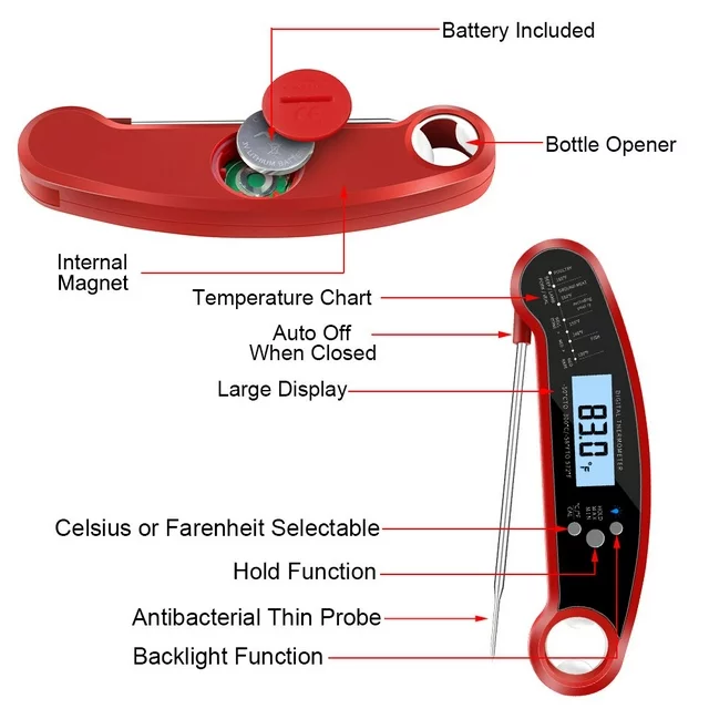 wireless thermometer for grill - meat thermometer digital, instant read thermometer for cooking, BBQ, Kitchen - Fast Digital Food Thermometer

Kitchen Thermapen Thermometer - Try our digital cooking thermometer kitchen tool with many uses including a frying thermometer baking thermometer grill thermometer digital probe liquid thermometer and more.

Digital Instant Read Grill Thermometer- Accurate Reading & Ultra Fast, Equipped with a food grade stainless long probe, thermometer takes the temperature in a little as 2 seconds and is accurate to ±1°C(1.8℉) degrees with a wide range of -58℉~572℉（-50°C~300°C), Our meat thermometer for grilling and deep fry thermometer can help perfect your cooking.

Probe thermometer - A food thermometer instant read meat temperature probe can make a big difference so add our meat probe to your grill tools and see the power of a digital thermometer cooking aid.

BBQ Wireless Meat Thermometer - Our instant read thermometer digital BBQ accessories are great for indoor/outdoor cooking whether you need a general grilling thermometer or just a steak thermometer.

Packing listing:
1 x Meat Thermometer.
1 x User Manual.
1 x Food Temp Chart.
1 x CR2032 Button Battery (installed).
1 x Battery Case Opener.