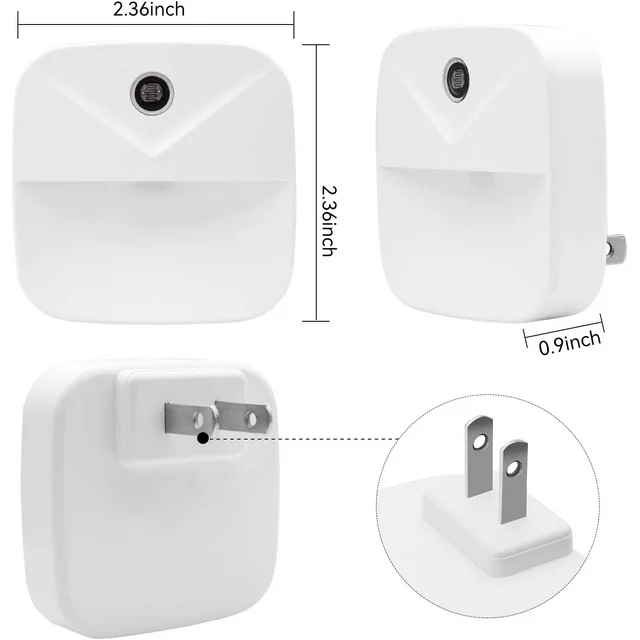 The Juyafio LED night light gives off the right amount of light at night, illuminate all the obstacles in dark that could create a safety hazard. Perfect for bathroom trips and hallways in the middle of night, you will never walk around blindly in the dark,not harsh on your eyes and not having to turn the head lights on at night and bothers others; ideal for kids' room, hallway, bedroom, nursery, staircase and more.Unique Acrylic material, clean and square design, makes the night light very subtle, nice and flat against the wall, do not stick out or clash with the decor. Also Wall Night Lights for Kids and Adult gives the house a cool modern feel, bright at night and very chic in the daytime.
Specifications:
Plug Type: US Plug
Type: White Light
Material: ABS
colour: White
size: 1.8"D x 1.8"W x 1.8"H
Input Voltage: 120VAC 60HZ
Wattage: Max 0.5W
Color Temperature: 9000K
Lifespan: 30000 Hours
Packing List:
4 x LED Night Light