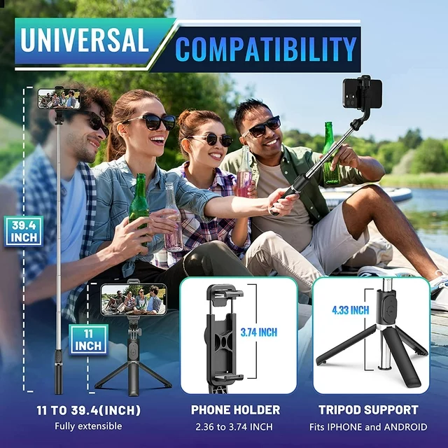 Selfie Stick for iphone, extendable tripod for phone with detachable bluetooth shutter remote compatible with iPhone and Android Smartphone, Black.

Feature:
1. Multi-angle shot with vertical shooting at 90 degrees. This smartphone tripod helps to capture clean shots from any angle even in the move.
2. Compatible for iPhone Android smartphones.
3. Table tripod, ground top tripod and selfie stick function. The ball head makes positioning and straightening devices easy.
4. Height adjustable from 11 inch to 39.4 inch.
5. Bluetooth shutter release. Range: 33ft.

Specifications
Product Name: Selfie Stick
Material:Aluminum
Weight:155g
Packing size: 7.67 inch
Maximum Elongated Length: 39.4 inch
Length in Folded Form: 11 inch
Remote Control:Yes
Bluetooth:For iOS and Android 4.3 and above.

Package Included
1 x Tripod
1 x Bluetooth Shutter Remote
1 x User Manual
1 x Button Batteries