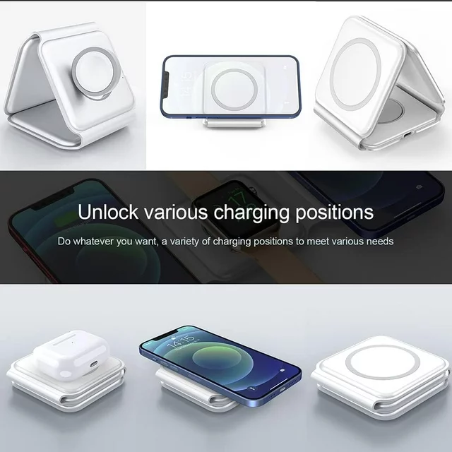 Juyafio 3 in 1 Charging Station Magnetic Wireless Charger for Multiple Devices Foldable Charger Stand for iPhone 14 13 12 11/Pro/XS/XR,AirPods 3/2/Pro,iWatch 7/6/5/4/3/2, White

Why choose the Juyafio White 3-in-1 Foldable Wireless Charger?
1. It combines the advantages of wireless charging and avoids some shortcomings in function and volume. Therefore, this magnetic folding charger can be bought and used with confidence!
2. IDEAL SIZE, SMALL AND LIGHTWEIGHT, MULTI-DIMENSIONAL USE, EFFICIENT AND CONVENIENT, SAFETY PROTECTION. Use it to charge your iPhone, iWatch and AirPods. It will be the best choice for daily use and travel.

Kind regards:
1. Please make sure your device supports wireless charging before use.
2. Please avoid charging with case thickness more than > 2MM.
3. If the working temperature exceeds 122°F, charging will be interrupted to avoid damage to the devices.