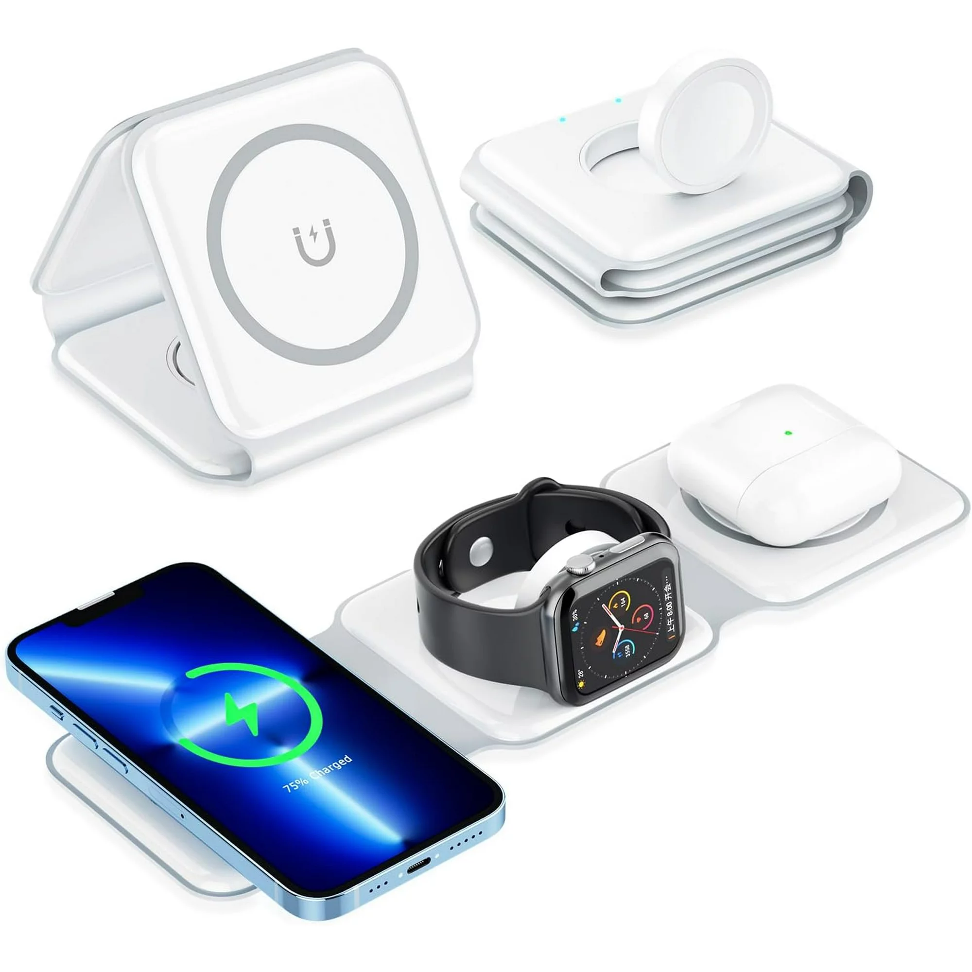 Juyafio 3 in 1 Charging Station Magnetic Wireless Charger for Multiple Devices Foldable Charger Stand for iPhone 14 13 12 11/Pro/XS/XR,AirPods 3/2/Pro,iWatch 7/6/5/4/3/2, White

Why choose the Juyafio White 3-in-1 Foldable Wireless Charger?
1. It combines the advantages of wireless charging and avoids some shortcomings in function and volume. Therefore, this magnetic folding charger can be bought and used with confidence!
2. IDEAL SIZE, SMALL AND LIGHTWEIGHT, MULTI-DIMENSIONAL USE, EFFICIENT AND CONVENIENT, SAFETY PROTECTION. Use it to charge your iPhone, iWatch and AirPods. It will be the best choice for daily use and travel.

Kind regards:
1. Please make sure your device supports wireless charging before use.
2. Please avoid charging with case thickness more than > 2MM.
3. If the working temperature exceeds 122°F, charging will be interrupted to avoid damage to the devices.