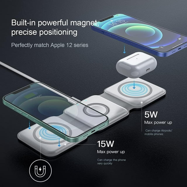 Juyafio 3 in 1 Charging Station Magnetic Wireless Charger for Multiple Devices Foldable Charger Stand for iPhone 14 13 12 11/Pro/XS/XR,AirPods 3/2/Pro,iWatch 7/6/5/4/3/2, White

Why choose the Juyafio White 3-in-1 Foldable Wireless Charger?
1. It combines the advantages of wireless charging and avoids some shortcomings in function and volume. Therefore, this magnetic folding charger can be bought and used with confidence!
2. IDEAL SIZE, SMALL AND LIGHTWEIGHT, MULTI-DIMENSIONAL USE, EFFICIENT AND CONVENIENT, SAFETY PROTECTION. Use it to charge your iPhone, iWatch and AirPods. It will be the best choice for daily use and travel.

Kind regards:
1. Please make sure your device supports wireless charging before use.
2. Please avoid charging with case thickness more than > 2MM.
3. If the working temperature exceeds 122°F, charging will be interrupted to avoid damage to the devices.