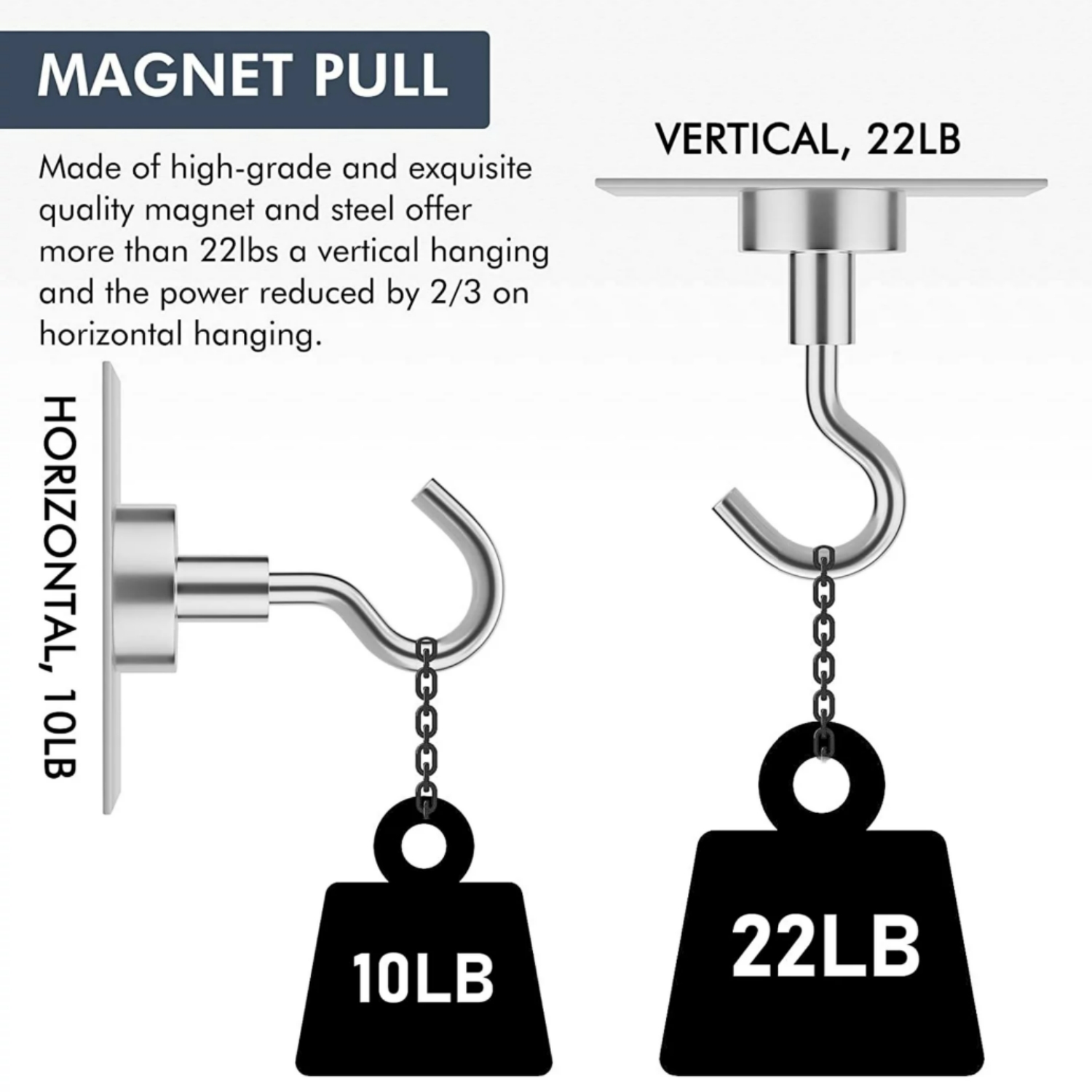 【Super Magnetic Hooks】- Made of high-grade and exquisite quality magnet and steel offer more than 22lbs a vertical hanging and the power reduced by 2/3 on horizontal hanging. Steady without Sliding.
【Excellent layer Coating】- Ni+Cu+Ni Triple Layer Coated. The best coating available, which provides a shiny and rust resistant coated steel cup provides protection for the metal magnet hooks and helps to prevent chipping or cracking, making magnetic hooks ideal for long term use.
【Easy to Use】- The heavy duty magnetic hooks are easy to remove and fit in anywhere there is iron or steel, stable without drilling. No more holes in your walls or furniture, These are ideal magnetic hanging hooks for long-term use.
【Versatile to Use】- The cruise essentials hooks are fairly small and don't take up too much space. perfect for hanging grill tools. decorative lights and tool accessories, also be widely used in cruise, fridge, kitchen, locker, workplace office, garage, indoor, outdoor and anywhere there is iron or steel.
【Quality Guarantee】- Please contact us through Walmart customer care if you have any  problems.