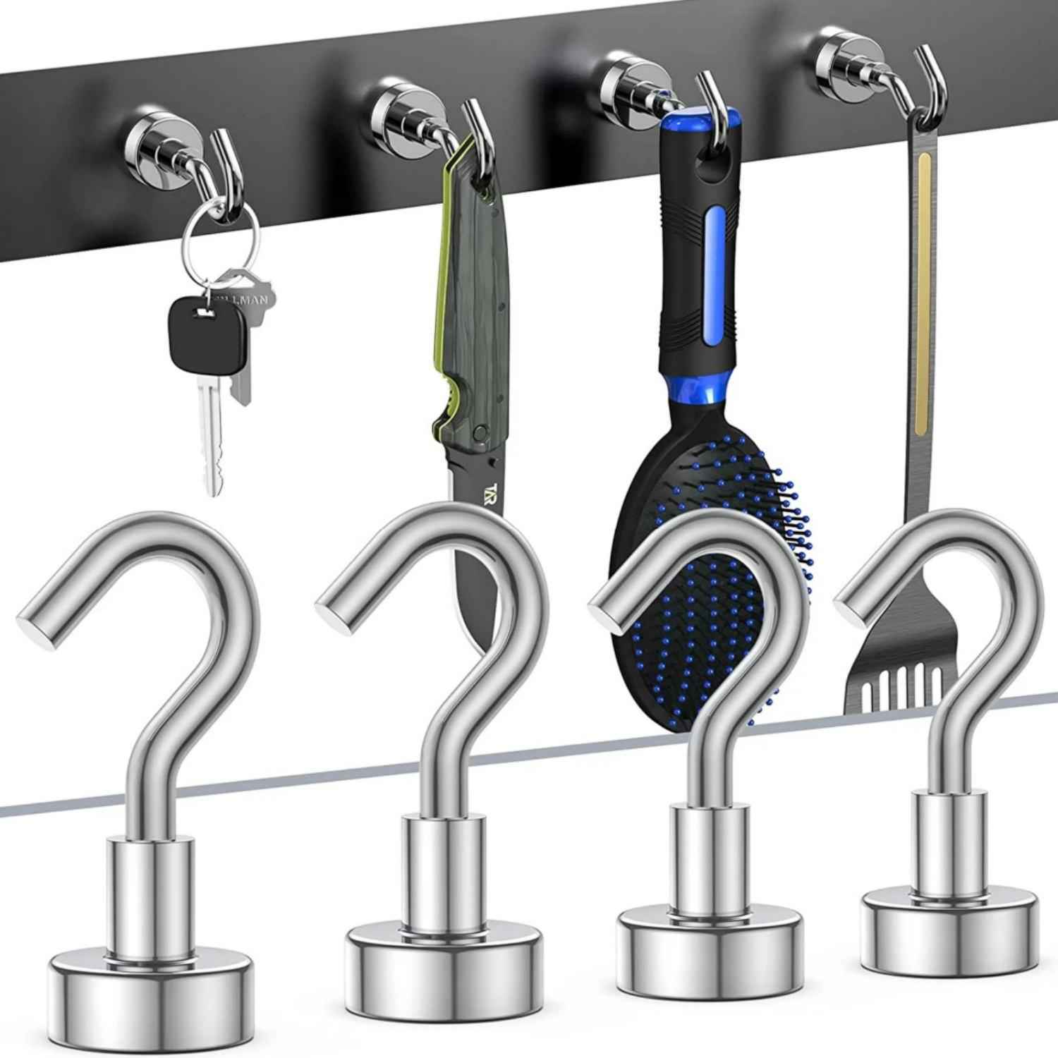 【Super Magnetic Hooks】- Made of high-grade and exquisite quality magnet and steel offer more than 22lbs a vertical hanging and the power reduced by 2/3 on horizontal hanging. Steady without Sliding.
【Excellent layer Coating】- Ni+Cu+Ni Triple Layer Coated. The best coating available, which provides a shiny and rust resistant coated steel cup provides protection for the metal magnet hooks and helps to prevent chipping or cracking, making magnetic hooks ideal for long term use.
【Easy to Use】- The heavy duty magnetic hooks are easy to remove and fit in anywhere there is iron or steel, stable without drilling. No more holes in your walls or furniture, These are ideal magnetic hanging hooks for long-term use.
【Versatile to Use】- The cruise essentials hooks are fairly small and don't take up too much space. perfect for hanging grill tools. decorative lights and tool accessories, also be widely used in cruise, fridge, kitchen, locker, workplace office, garage, indoor, outdoor and anywhere there is iron or steel.
【Quality Guarantee】- Please contact us through Walmart customer care if you have any  problems.