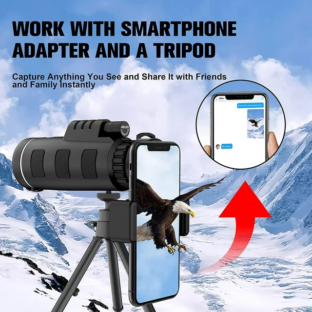 ✅Juyafio 40X60 High Definition Monocular Telescope for Smartphone. Our topvision telescope equipped with a full 40x magnification and FMC lens provides you with a clearer and Bright of view.Perfect for hiking,hunting,climbing,bird watching,concerts,watching wildlife and scenery.
✅This telescopes for adults and kids, weighs only 0.5 Pounds, and you can easily take it anywhere. and this Single Hand Using Monocular can be operated with one hand for smoother, more accurate and more durable focus.
✅The rubber armor with stripes makes it comfortable for use and keeps it from slipping out from your hand.Perfect for travel and outdoor adventures.

Specification
Focus type:Manual Focus
Objective Lens: 60MM
Ocular Lens: 22MM
Field of View:275 FT / 1000YDS
Eye Relief: 4.2mm
Waterproof method: IPX7
Weight: 0.5 Pounds
Field of View angle: 5.8°
Lens coating: FMC
Prism:BAK4（20mm）
Size:158mm*70mm
Magnification: 40X
Package Dimensions ‏ : ‎ 6.69 x 3.94 x 3.03 inches; 8 Ounces

Packing List:
1*Phone Holder
1*Adjustable Metal Tripod
1*Lens Covers
1*Hand Strap
1*Cloth Bag
1*Cleaning Cloth
1*User Manual