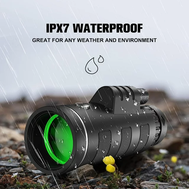 ✅Juyafio 40X60 High Definition Monocular Telescope for Smartphone. Our topvision telescope equipped with a full 40x magnification and FMC lens provides you with a clearer and Bright of view.Perfect for hiking,hunting,climbing,bird watching,concerts,watching wildlife and scenery.
✅This telescopes for adults and kids, weighs only 0.5 Pounds, and you can easily take it anywhere. and this Single Hand Using Monocular can be operated with one hand for smoother, more accurate and more durable focus.
✅The rubber armor with stripes makes it comfortable for use and keeps it from slipping out from your hand.Perfect for travel and outdoor adventures.

Specification
Focus type:Manual Focus
Objective Lens: 60MM
Ocular Lens: 22MM
Field of View:275 FT / 1000YDS
Eye Relief: 4.2mm
Waterproof method: IPX7
Weight: 0.5 Pounds
Field of View angle: 5.8°
Lens coating: FMC
Prism:BAK4（20mm）
Size:158mm*70mm
Magnification: 40X
Package Dimensions ‏ : ‎ 6.69 x 3.94 x 3.03 inches; 8 Ounces

Packing List:
1*Phone Holder
1*Adjustable Metal Tripod
1*Lens Covers
1*Hand Strap
1*Cloth Bag
1*Cleaning Cloth
1*User Manual