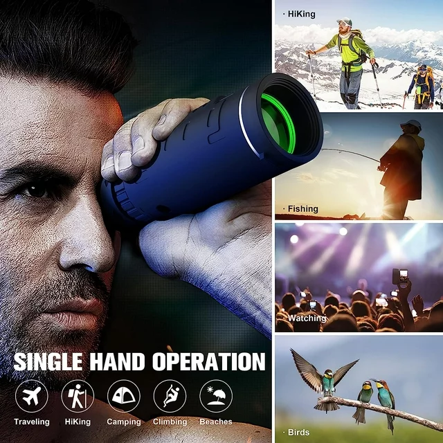 ✅Juyafio 40X60 High Definition Monocular Telescope for Smartphone. Our topvision telescope equipped with a full 40x magnification and FMC lens provides you with a clearer and Bright of view.Perfect for hiking,hunting,climbing,bird watching,concerts,watching wildlife and scenery.
✅This telescopes for adults and kids, weighs only 0.5 Pounds, and you can easily take it anywhere. and this Single Hand Using Monocular can be operated with one hand for smoother, more accurate and more durable focus.
✅The rubber armor with stripes makes it comfortable for use and keeps it from slipping out from your hand.Perfect for travel and outdoor adventures.

Specification
Focus type:Manual Focus
Objective Lens: 60MM
Ocular Lens: 22MM
Field of View:275 FT / 1000YDS
Eye Relief: 4.2mm
Waterproof method: IPX7
Weight: 0.5 Pounds
Field of View angle: 5.8°
Lens coating: FMC
Prism:BAK4（20mm）
Size:158mm*70mm
Magnification: 40X
Package Dimensions ‏ : ‎ 6.69 x 3.94 x 3.03 inches; 8 Ounces

Packing List:
1*Phone Holder
1*Adjustable Metal Tripod
1*Lens Covers
1*Hand Strap
1*Cloth Bag
1*Cleaning Cloth
1*User Manual