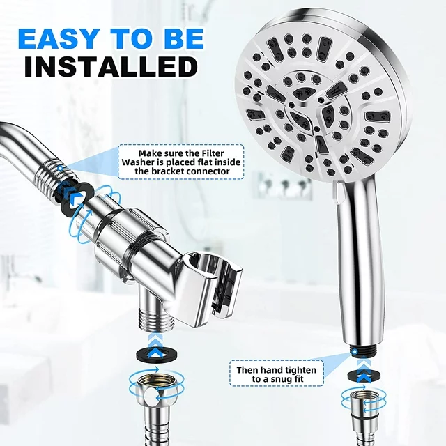 10-Mode Luxury Shower Combo, Handheld Showerhead Set, High Pressure Shower Head with 59” Stainless Steel Hose and Adjustable Brass Bracket, All Chrome Finish and Easy installation

✅【MULTIFUNCTIONAL SHOWER HEAD】This high pressure shower head with handheld comes with 8 spray functions, Saturating Spray, Saturating Massage, Massage, Massage Misty, Misty, Saturating Sweeping, Sweeping Spray, and Water Saving mode(Trickle mode) to pause water while shampooing, soaping up, or shaving. Excellent for everyday shower tasks as well as relaxing tired muscles. Gently rotating the handle on the showerhead panel can switch the modes easily for a pleasant bath.

✅【HIGH-QUALITY MATERIALS AND ADVANCED CRAFT】This high flow handheld shower head is made of high quality ABS chrome, the exquisite chrome plated surface makes it lightweight, durable, rust-proof, fade-proof, lead-free and non-toxic, not easy to damaged when dropping from height, which ensures a safe and comfortable shower. Comfortable ergonomic designed handle makes for ideal balance, ease of use, and lightweight in the hand.

Packing list:
1 x Handheld shower
1 x Bracket
1 x 59 inches shower hose
1 x Anti-leakage Teflon tape
1 x Rubber washers
1 x Instructions