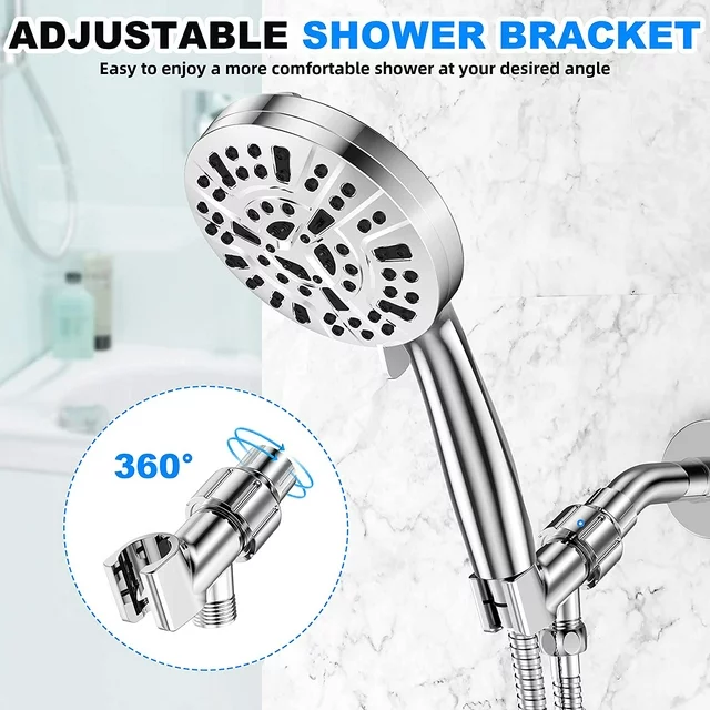 10-Mode Luxury Shower Combo, Handheld Showerhead Set, High Pressure Shower Head with 59” Stainless Steel Hose and Adjustable Brass Bracket, All Chrome Finish and Easy installation

✅【MULTIFUNCTIONAL SHOWER HEAD】This high pressure shower head with handheld comes with 8 spray functions, Saturating Spray, Saturating Massage, Massage, Massage Misty, Misty, Saturating Sweeping, Sweeping Spray, and Water Saving mode(Trickle mode) to pause water while shampooing, soaping up, or shaving. Excellent for everyday shower tasks as well as relaxing tired muscles. Gently rotating the handle on the showerhead panel can switch the modes easily for a pleasant bath.

✅【HIGH-QUALITY MATERIALS AND ADVANCED CRAFT】This high flow handheld shower head is made of high quality ABS chrome, the exquisite chrome plated surface makes it lightweight, durable, rust-proof, fade-proof, lead-free and non-toxic, not easy to damaged when dropping from height, which ensures a safe and comfortable shower. Comfortable ergonomic designed handle makes for ideal balance, ease of use, and lightweight in the hand.

Packing list:
1 x Handheld shower
1 x Bracket
1 x 59 inches shower hose
1 x Anti-leakage Teflon tape
1 x Rubber washers
1 x Instructions