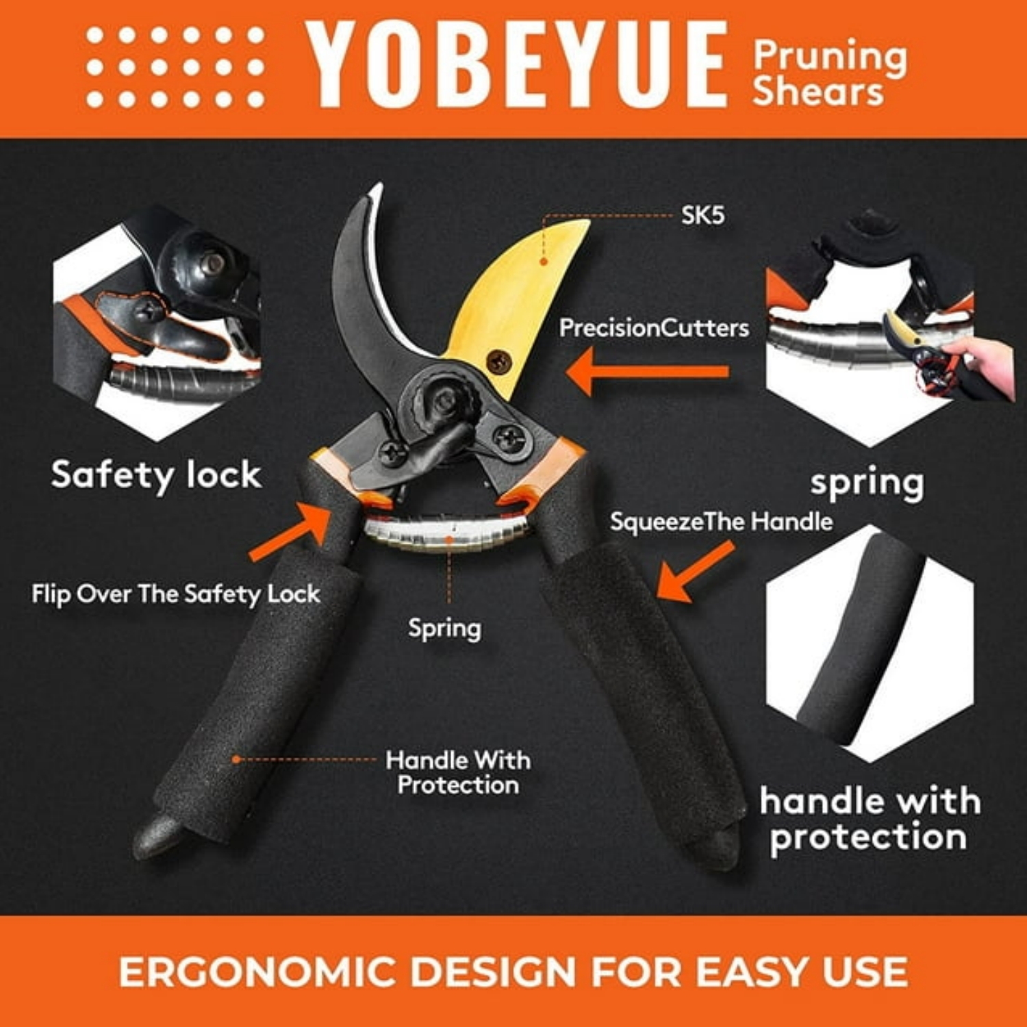 Specification：
Name: Garden tools - Pruning shears
Material: Titanium Steel + Alloy Steel
Color: Black
Size: 8.07x6.49x1.17 inch
Weight: 0.64 lb

Features:

✅These quality snips come with precision-sharpened blades and are ready to tackle all of your deadheading, trimming, and shaping needs for your roses, annuals, vegetable, bonsai and small flower gardens.

✅Low-friction coating resists rust, helps the blade glide through wood and prevents the pruner from gumming up with sap and debri.

✅Bypass blade design is ideal for pruning green, living growth like ornamental shrubs and trees.

✅Anti-slip black cushion handle. Long handle grip garden shears with shock absorbing pads. Help Reduce Repetitive Hand Motion Injuries, Hand Fatigue & Wrist Strain.

✅Ideal Versatile Gardening Trimmers for General Yard, Farm Work, Hunting, Trail riding & Multi-Purpose Intensive Pruning.