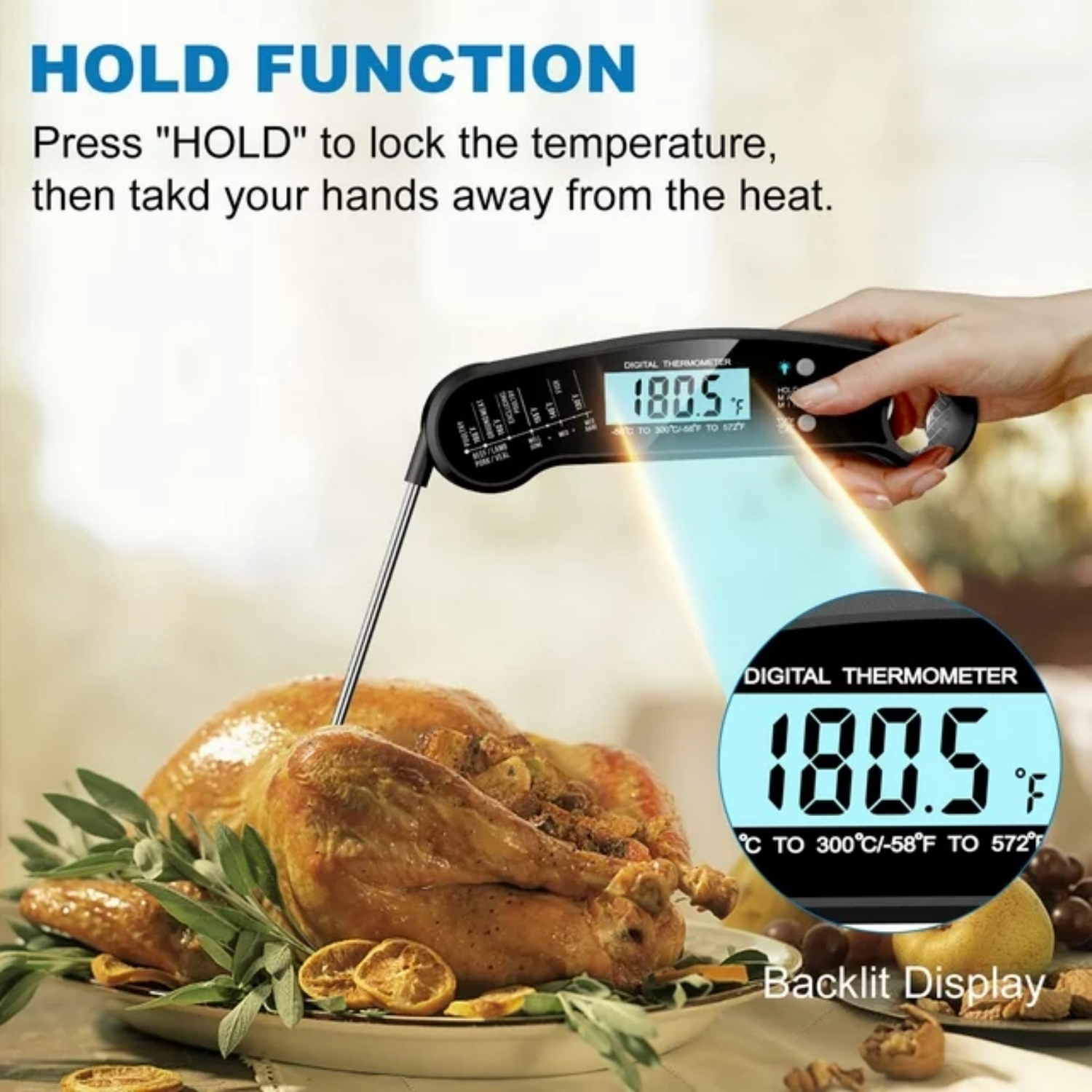 ✅Digital Instant Read Grill Thermometer- Accurate Reading & Ultra Fast, Equipped with a food grade stainless long probe, thermometer takes the temperature in a little as 2 seconds and is accurate to ±1°C(1.8℉) degrees with a wide range of -58℉~572℉（-50°C~300°C), Our meat thermometer for grilling and deep fry thermometer can help perfect your cooking.

. INSTANT READ
. 100% IP67 WATERPROOF
. HOLD TEMPERATURE
. LCD BACKLIGHT DISPLAY

✅Probe thermometer - A food thermometer instant read meat temperature probe can make a big difference so add our meat probe to your grill tools and see the power of a digital thermometer cooking aid.

✅BBQ Wireless Meat Thermometer - Our instant read thermometer digital BBQ accessories are great for indoor/outdoor cooking whether you need a general grilling thermometer or just a steak thermometer.

Packing listing:
1 x Meat Thermometer.
1 x User Manual.
1 x Food Temp Chart.
1 x CR2032 Button Battery (installed).
1 x Battery Case Opener.