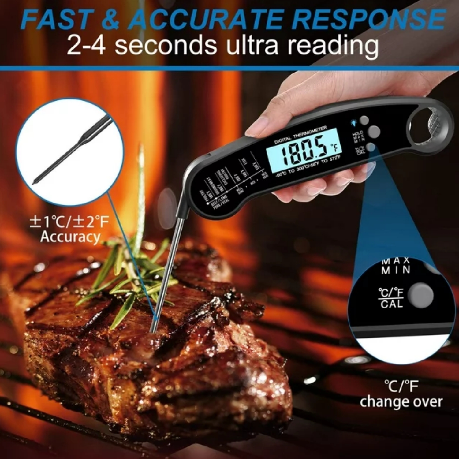 ✅Digital Instant Read Grill Thermometer- Accurate Reading & Ultra Fast, Equipped with a food grade stainless long probe, thermometer takes the temperature in a little as 2 seconds and is accurate to ±1°C(1.8℉) degrees with a wide range of -58℉~572℉（-50°C~300°C), Our meat thermometer for grilling and deep fry thermometer can help perfect your cooking.

. INSTANT READ
. 100% IP67 WATERPROOF
. HOLD TEMPERATURE
. LCD BACKLIGHT DISPLAY

✅Probe thermometer - A food thermometer instant read meat temperature probe can make a big difference so add our meat probe to your grill tools and see the power of a digital thermometer cooking aid.

✅BBQ Wireless Meat Thermometer - Our instant read thermometer digital BBQ accessories are great for indoor/outdoor cooking whether you need a general grilling thermometer or just a steak thermometer.

Packing listing:
1 x Meat Thermometer.
1 x User Manual.
1 x Food Temp Chart.
1 x CR2032 Button Battery (installed).
1 x Battery Case Opener.