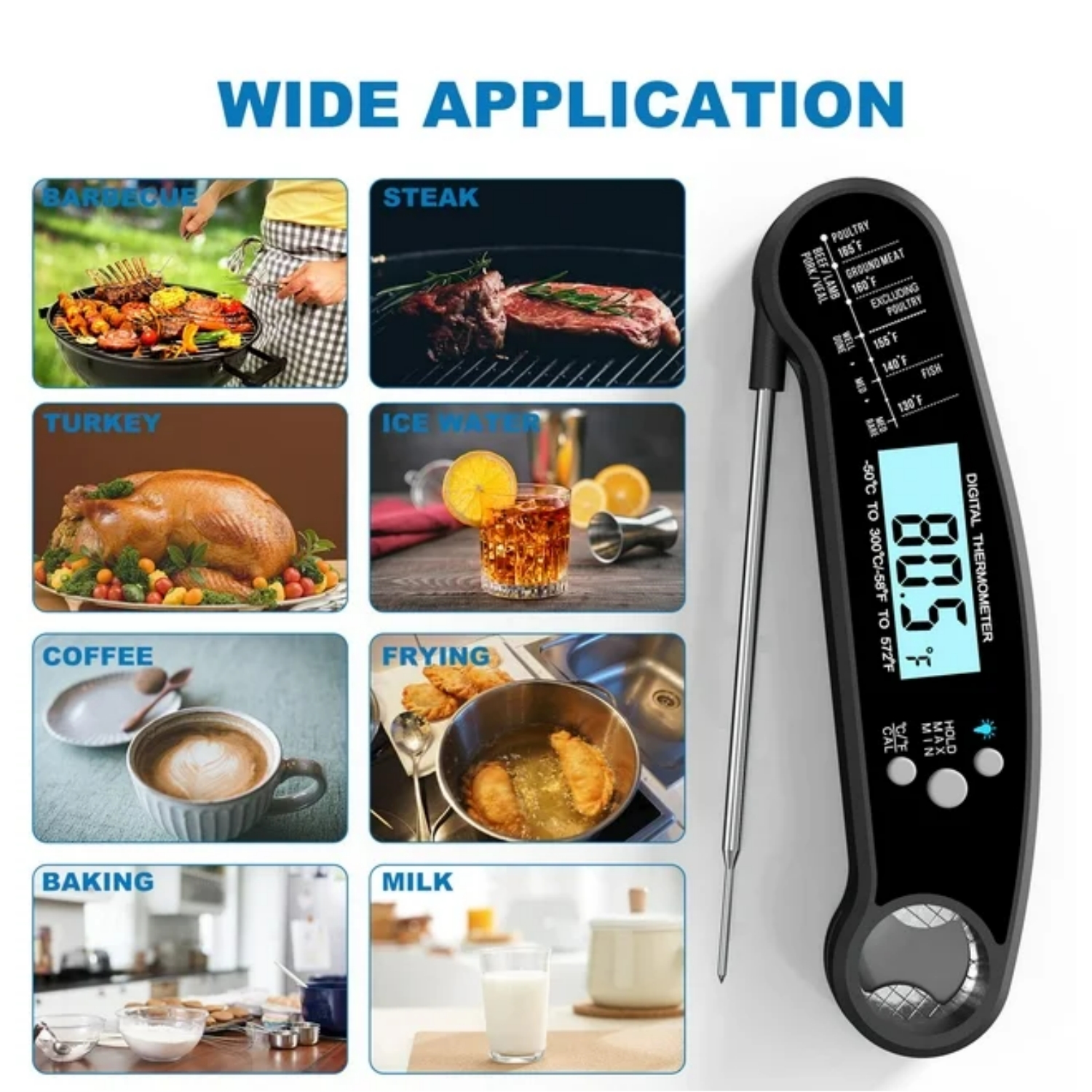 ✅Digital Instant Read Grill Thermometer- Accurate Reading & Ultra Fast, Equipped with a food grade stainless long probe, thermometer takes the temperature in a little as 2 seconds and is accurate to ±1°C(1.8℉) degrees with a wide range of -58℉~572℉（-50°C~300°C), Our meat thermometer for grilling and deep fry thermometer can help perfect your cooking.

. INSTANT READ
. 100% IP67 WATERPROOF
. HOLD TEMPERATURE
. LCD BACKLIGHT DISPLAY

✅Probe thermometer - A food thermometer instant read meat temperature probe can make a big difference so add our meat probe to your grill tools and see the power of a digital thermometer cooking aid.

✅BBQ Wireless Meat Thermometer - Our instant read thermometer digital BBQ accessories are great for indoor/outdoor cooking whether you need a general grilling thermometer or just a steak thermometer.

Packing listing:
1 x Meat Thermometer.
1 x User Manual.
1 x Food Temp Chart.
1 x CR2032 Button Battery (installed).
1 x Battery Case Opener.