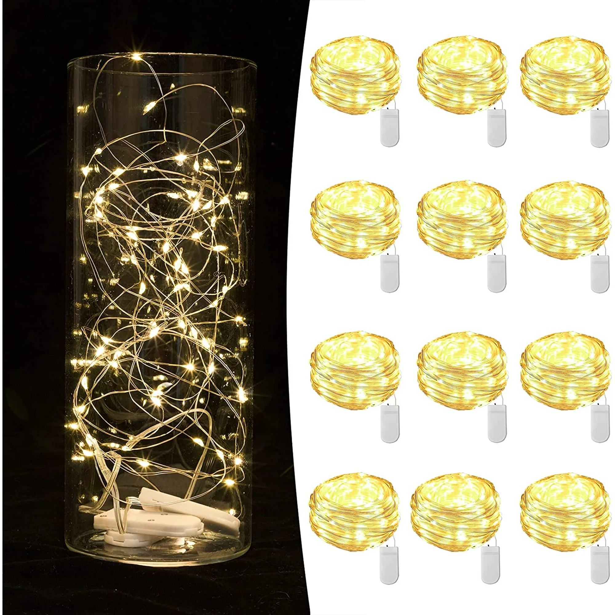 🎁🎁 Create a magical ambiance with our 7fts LED fairy string light, this Juyafio christmas lights emits a warm, non-dazzling glow that'll transport you to a fairy tale world. The copper wire is extremely flexible, allowing you to shape it around anything you want, like plants, bottles, trees, and furniture. Juyafio waterproof String Lights can be used indoors and outdoors, without worrying about damage or short circuits caused by dampness. Perfect for festivals, parties, weddings, or any occasion you can think of. Let our LED fairy lights transform your space into a magical wonderland!

🎁【 12 Pack Battery Operated LED Fairy Lights 】the 7 feet micro fairy light with 20 upgraded energy-efficient LEDs is perfect for both everyday decorations as well as holiday decor.

🎁【 Safe to Touch and IP65 Waterproof 】The copper wire starry moon lights are low power and insulate heat, remaining safe to the touch. Also, they are IP65 waterproof and can be taken outdoors as well. (The battery box is NOT waterproof, please keep it away from water)

🎁【 Long-Lasting Battery Life and Easy to use 】 Crafted with high-quality strong copper wire and nergy-efficient LED bulbs lasting up to 20 years. The batteries allow the lights to stay on for more than 72 hours, and can be quickly turned on or off with a simple button.