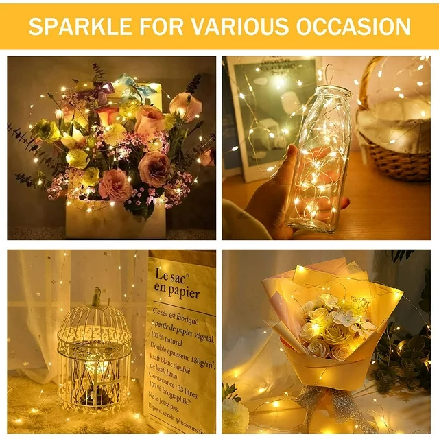 🎁🎁 Create a magical ambiance with our 7fts LED fairy string light, this Juyafio christmas lights emits a warm, non-dazzling glow that'll transport you to a fairy tale world. The copper wire is extremely flexible, allowing you to shape it around anything you want, like plants, bottles, trees, and furniture. Juyafio waterproof String Lights can be used indoors and outdoors, without worrying about damage or short circuits caused by dampness. Perfect for festivals, parties, weddings, or any occasion you can think of. Let our LED fairy lights transform your space into a magical wonderland!

🎁【 12 Pack Battery Operated LED Fairy Lights 】the 7 feet micro fairy light with 20 upgraded energy-efficient LEDs is perfect for both everyday decorations as well as holiday decor.

🎁【 Safe to Touch and IP65 Waterproof 】The copper wire starry moon lights are low power and insulate heat, remaining safe to the touch. Also, they are IP65 waterproof and can be taken outdoors as well. (The battery box is NOT waterproof, please keep it away from water)

🎁【 Long-Lasting Battery Life and Easy to use 】 Crafted with high-quality strong copper wire and nergy-efficient LED bulbs lasting up to 20 years. The batteries allow the lights to stay on for more than 72 hours, and can be quickly turned on or off with a simple button.